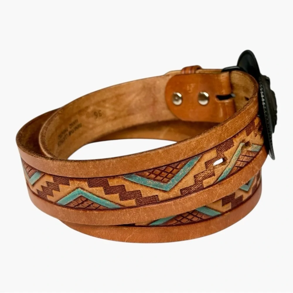 Vintage Chambers Leather Western Belt Tan Tooled Painted Brass Cowboy Buckle